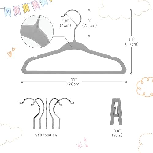 Babyrish Velvet Baby Hangers with Clips (30 Pack) | 11” Ultra-Slim Baby Clothes Hangers | Non-Slip Felt | Space-Saving Nursery & Infant Closet Organizer | Gray