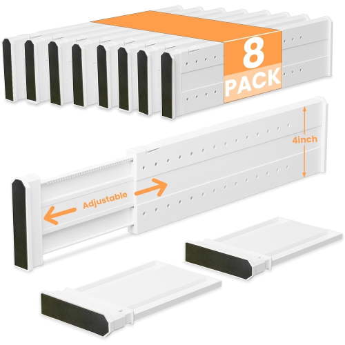 LLMRR 8 Pack Drawer Divider, 4" High, 11-17" Adjustable Drawer Dividers, Non-Slip Expandable Dresser Organizer for Baby Clothes, Bathroom, Bedroom, Kitchen and Office Storage, 8 Pack