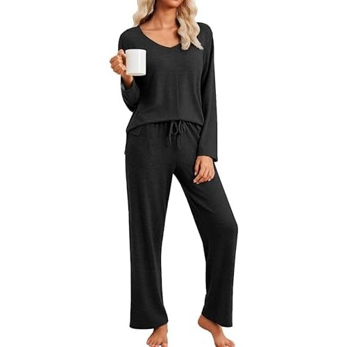 Ekouaer Pajamas for Women Set Long Sleeve 2 Piece Lounge Sets V Neck Matching Pjs Soft Sleepwear Fall Winter S-XXL