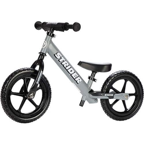 Strider 12” Sport Bike - No Pedal Balance Bicycle for Kids 18 Months to 5 Years - Includes Safety Pad, Padded Seat, Mini Grips & Flat-Free Tires - Tool-Free Assembly & Adjustments - Matte Gray