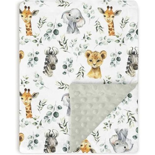Safari Jungle Animals Baby Blankets Girl Boy 30 x 40, Green Eucalyptus leaf Soft Double Layer Minky Blanket Dotted Fleece Back, Nursery Bed Receiving Quilt Newborn Infant Toddler Shower Gift