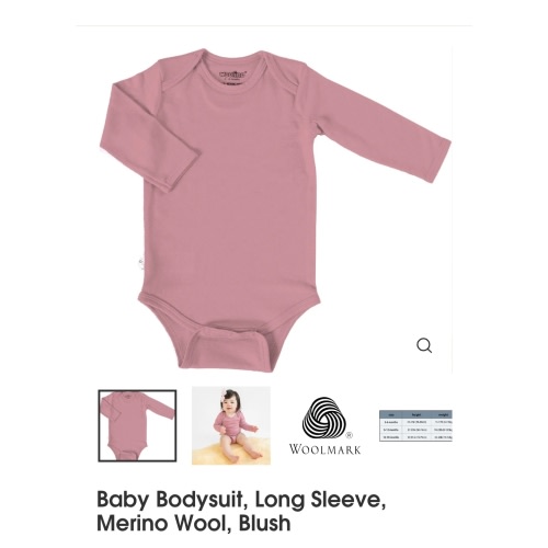 Baby Bodysuit, Long Sleeve, Merino Wool, Blush