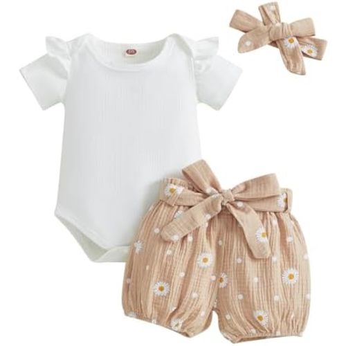 Kaipiclos Newborn Infant Girl Clothes Rib Knit Romper Daisy Print Shorts Headband Baby Summer Clothes 0 3 6 12 18 24 Months