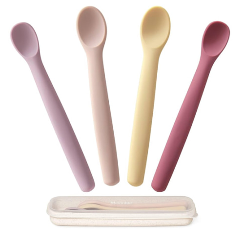 Moonkie Silicone Baby Spoons Set of 4, Two Sizes Feeding Spoon for First Stage 4+ Months, Baby Utensils with Case, Toddler Led Weaning Spoons, Bendable, Chewproof & Boil-proof