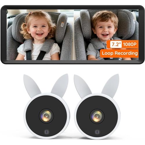 Babyvue BV3 MAX Dual Car Camera Baby Monitor with Recording, 7.2" Split Screen Backseat Camera, 1080P IR Night Vision, Easy Setup for Twins & 2 Kids