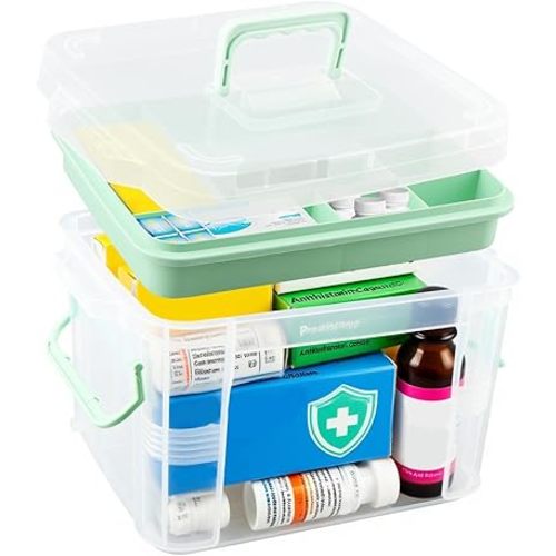 15QT Clear Medicine Organizer Box with Tray and Handle, First Aid Box Empty, Medicine Container Chest Multipurpose Medical Case with Lids Handles