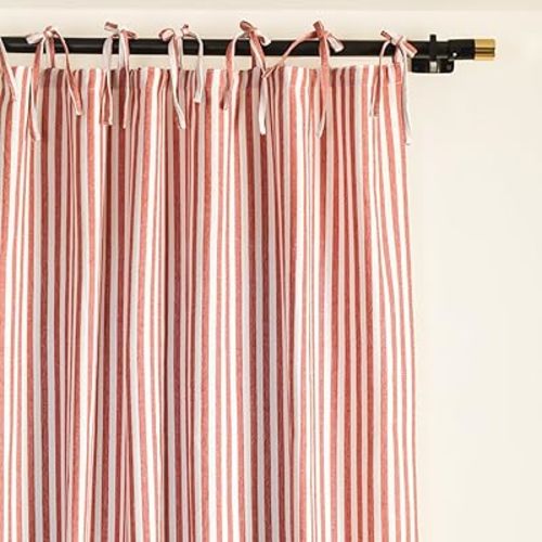 THE ART BOX Gauze Striped Curtains,Boho Linen Tie Top Hanging Curtains Light Filtering Door Window Treatment 2 Panel Curtain Drapes for Living Room Bedroom Red on White (63''x42'' Each Panel)