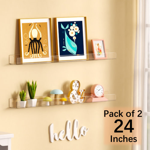 NIUBEE 24 Inch Kids Bookshelf Wall Mounted, 2Pack Clear Acrylic Shelves for Figures, Invisible Wall Floating Bookshelves for Kids Nursery, 5MM Thick Picture Ledge Display Toy Storage Wall Shelf