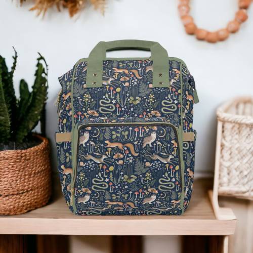 Navy & Sage Fairy Forest backpack, Forestcore Diaper Backpack, Cottagecore Baby Bag, Witchy Diaper Bag, Forest Creatures Goblincore Baby Bag