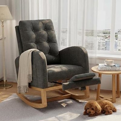 Modern Rocking Chair for Living Room, Comfortable Recliner Rocker with Side Pocket, Soft Linen Upholstered Glider Chair for Bedroom, Nursery, Lounge-Grey