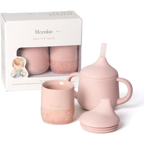 Moonkie Baby Training Cup & Sippy Cup Set | 4 Months+ | Baby-Led Weaning Essential | Gift for Infants (Blush Cup Set, 2 Pack)