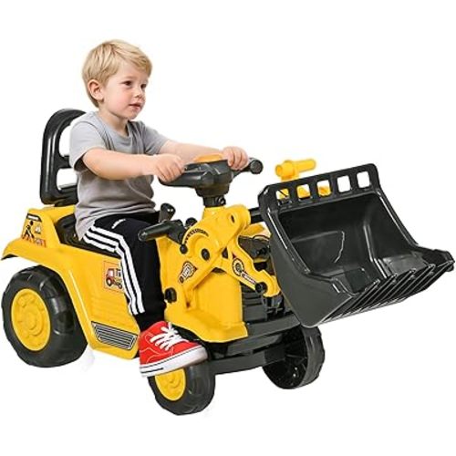 HOMCOM Ride On Excavator, Kids Bulldozer Pull Cart with Horn, Under Seat Storage, Sit and Scoot Pretend Play Toy Construction Car for Ages 18-48 Months