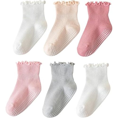 ANYANIME 6 Pairs Toddler Ruffle Socks for Girls Baby Grip Socks Non Slip Socks Cute Grippy Frilly