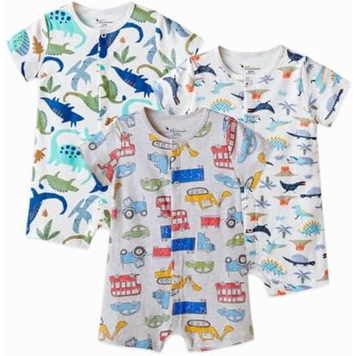 3-Pack 100% Cotton Baby Boy Rompers,0-24Months Short Sleeve Toddler Romper,Breathable Spring/Summer Clothes