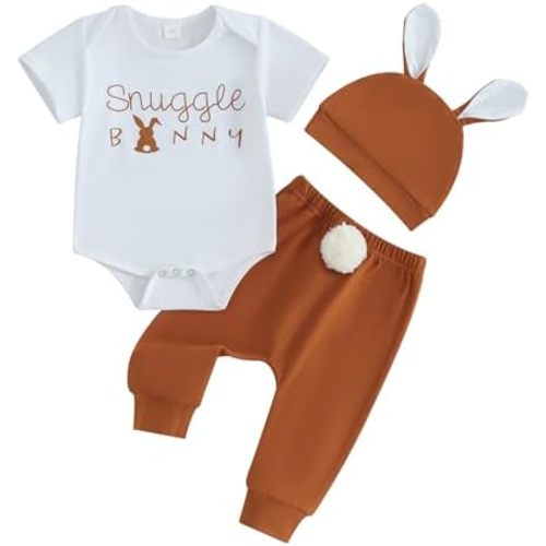 Karuedoo Newborn Baby Boy Easter Outfit Letter Print Short Sleeve Romper Pompom Tail Long Pants with Hat 3Pcs Clothes Set