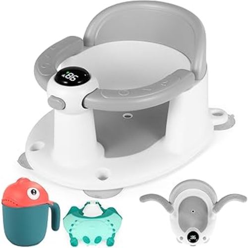 Baby Bath Seat for Babies 6 Months & Up, Bath Seats for Babies Sitting Up, Infant & Toddler Bath Seat with Thermometer for Baby Bathtub Shower, Non-Slip, Safe & Comfortable Baby Bath Support, Grey