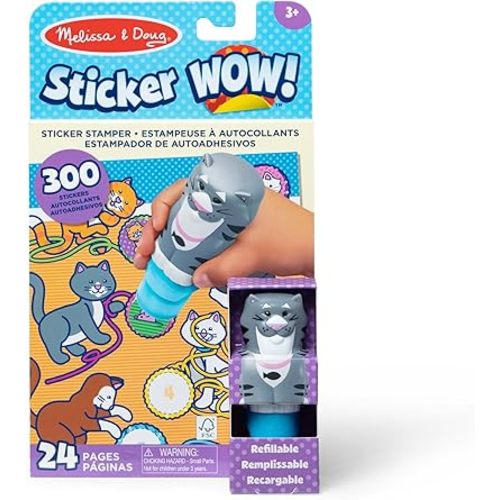 Melissa & Doug Sticker WOW!™ 24-Page Activity Pad and Sticker Stamper, 300 Stickers, Arts and Crafts Fidget Toy Collectible Character – Cat - FSC Certified