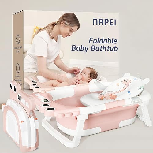 Collapsible Baby Bathtub, Baby Bath Tub with Soft Cushion & Thermometer, Alligator Baby Bathtub with Detachable Feet, Durable Infant Bathtub Applicable 0-36 Month, Pink