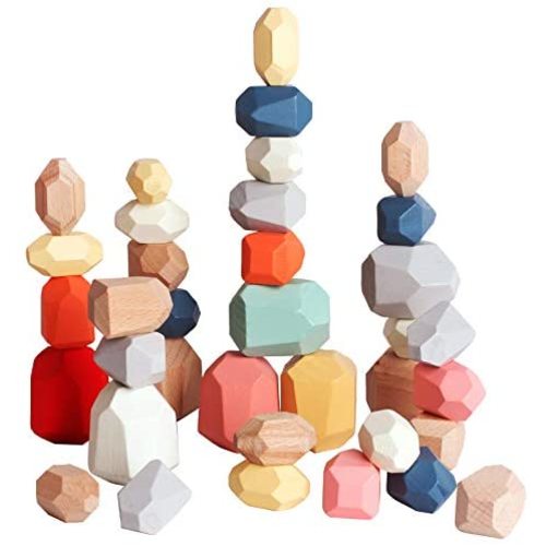 BESTAMTOY 36 PCs Wooden Sorting Stacking Rocks Balancing Stones ,Educational Preschool Learning Montessori Toys, Building Blocks Game for Kids 3 4 5 6 Years Boy and Girl Birthday Gifts