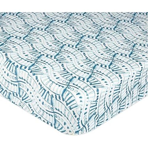 Crane Baby Soft Cotton Crib Mattress Sheet, Fitted Sheet for Cribs and Toddler Beds, Indigo Blue, 28”w x 52”h x 9”d