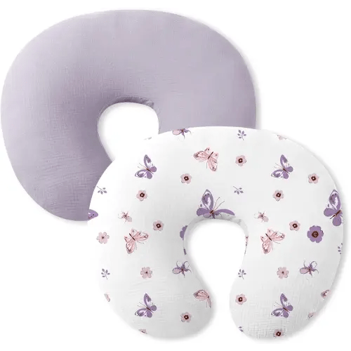 Little Grape Land Nursing Pillow Covers 2 Pack for Baby, Soft 100% Cotton Covers for Breastfeeding Pillows, Breathable Muslin Purple Butterfly Nursing Pillow Cases Fit Standard Nursing Pillows