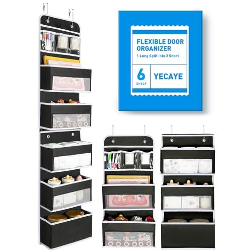 Yecaye 6-Tier Over The Door Storage Organizer, Flexible 1 Split into 2 Swing-Proof Hanging Bathroom Organizer, Bedroom Organizers and Storage for Newborn Baby Essentials, Black