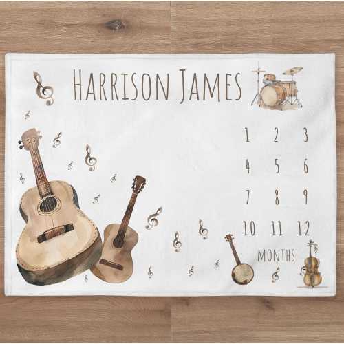 Music Milestone Blanket Personalized Baby Boy Month Blanket Guitars Nursery Custom Age Newborn Calendar Tracker New Mom Baby Shower Gift
