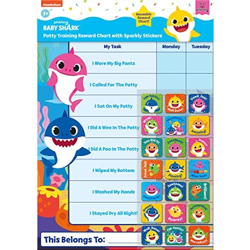 Paper Projects 01.70.30.041 Baby Shark Potty Training Includes 56 Sparkly Stickers | Colourful Chart is Wipe-Clean, Blue, 29.7cm x 42cm