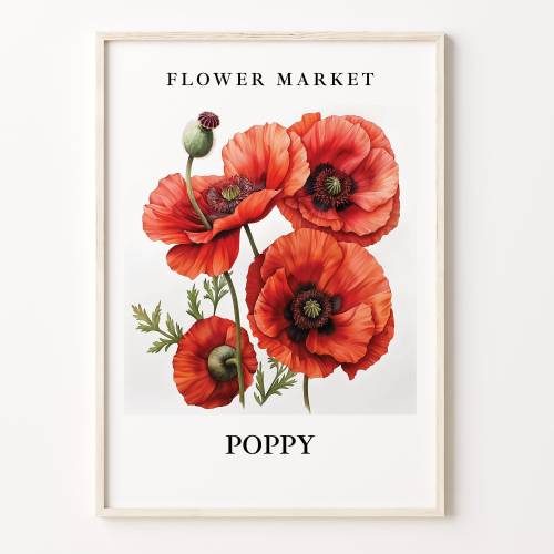 Poppy Flower Market Art Print, Poppy Wall Art, Botanical Pastel Artwork, Floral Home Decor, Nature-Inspired Print, C31-342