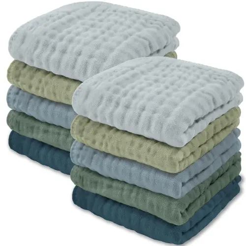 Comfy Cubs Muslin Baby Washcloths 10 Pack - Soft 6-Layer Cotton Wash Cloths for Sensitive Skin - 10"x10" Large, Gentle, Absorbent Infant Essentials for Newborn and Toddlers - Multi Boy