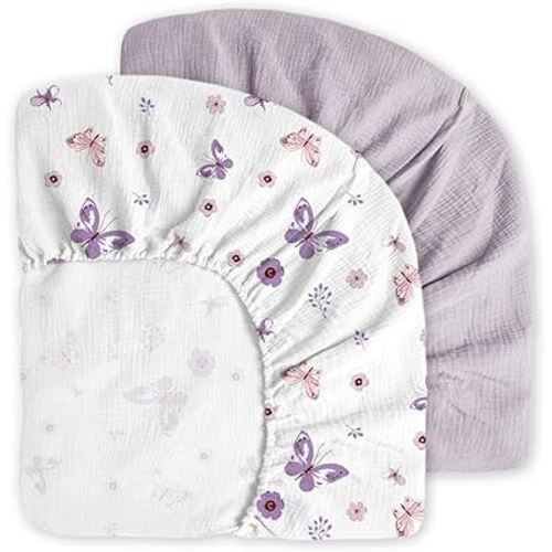 Muslin Crib Sheets, 2pk Neutral Fitted Baby Toddler Bed Sheets for Standard Crib Mattress & Toddler Bed Mattress, 28 x 52 inches, Purple Butterfly