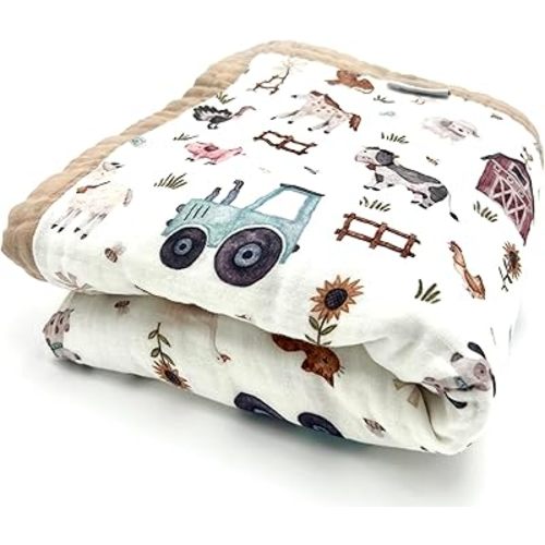 100% Organic Cotton Muslin Supersoft Baby Blanket, Luxurious Gender Neutral Swaddle & Receiving Blankets for Boys & Girls, Toddler Quilt & Stroller Blanket, Ideal Gift for Newborns & Toddlers (Farm)