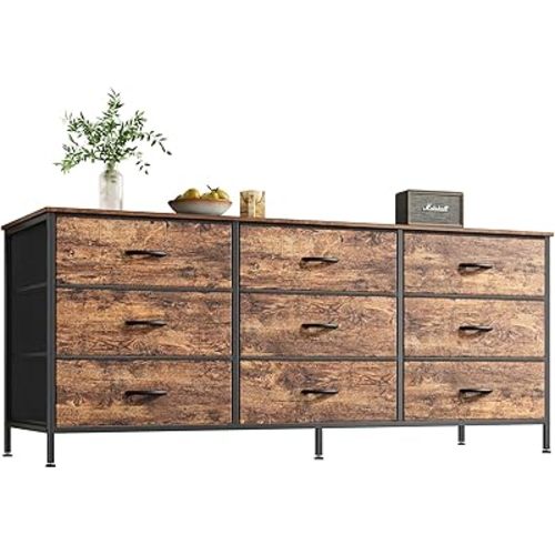 Huuger 9 Drawer Dresser, 55 Inch TV Stand for 55, 60 Inch TV, Entertainment Center with Drawers, Large Storage Fabric Dresser for Bedroom, Closet, Rustic Brown
