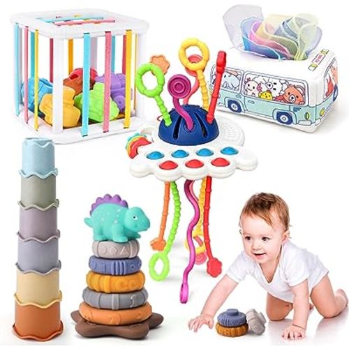 5 in 1 Baby Montessori Toys Set Include Shape Sorter Bin with Sound, Baby Tissue Box, Stacking Cups, Pull String Toy, Soft Stacking Rings, Sensory Toys for Infants Toddlers