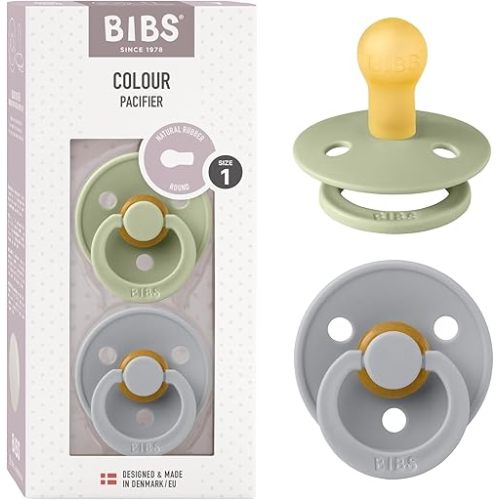 BIBS Pacifiers | Natural Rubber Baby Pacifier | Set of 2 BPA-Free Soothers | Made in Denmark | Sage/Cloud 0+ Months (Pack of 2)