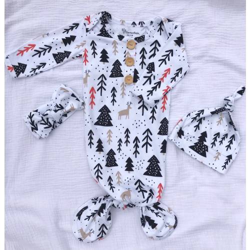 WOODLAND, Organic Cotton Knotted Gown,0-3 Months, Going Home Set, Shower Gift, New Baby, Photo Prop, Gender Neutral, Birth Announcement