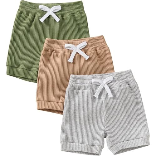 Karwuiio Toddler Baby Girls Boys 3 Pack Unisex Baby Shorts Cotton Blend Cute Knit Shorts - 6-12 Months - Green Khaki Gray