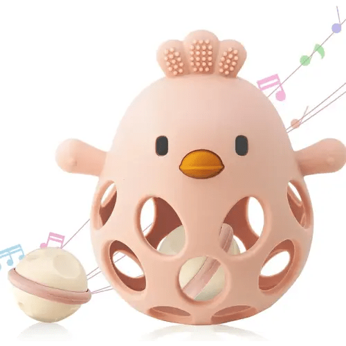 2-in-1 Baby Teething Rattle Toy, Sensory Grasping Teether for Infants 3-12 Months, 100% Food-Grade Silicone, Easy to Hold, Soothing & Developmental, BPA Free