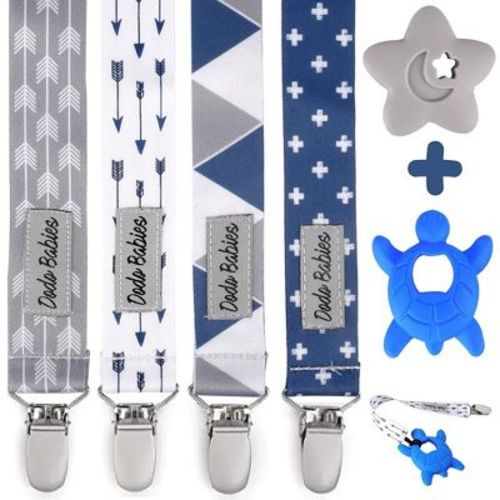 Dodo Babies Pacifier Clip & Teether Toy Set - Four Clips Plus Two Silicone Teether Toys - Universal Holder Fits Most Paci Brands