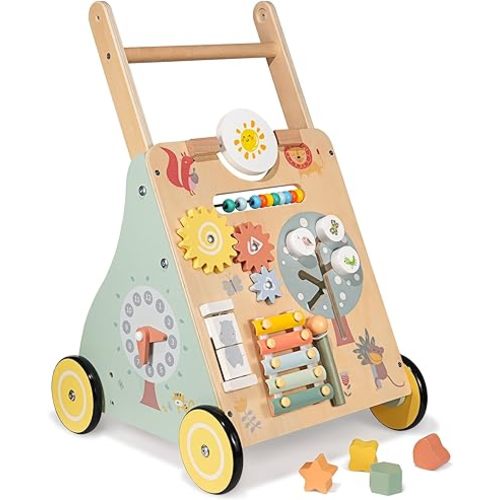 Wooden Baby Walker, Multiple Learning Activities Center Develops Motor Skills for Infant to Toddler, Push and Pull Walkers with Wheel for Boys Girls (ZOO)