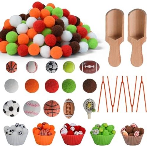 242pcs Sports Balls Sensory Bin Filler Fine Motor Toys Ball Sensory Bin Items Easter Soccer Baseball Basketball Football Tennis Sensory Bin Items Pom Poms for Color Counting Sorting