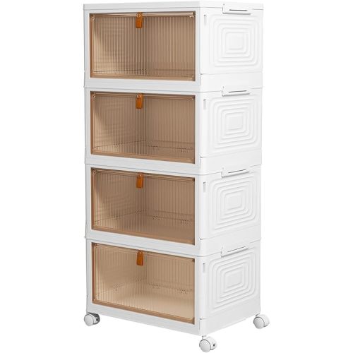 4 Tier Plastic Storage Bins with Lid 23QT, Stackable Storage Containers with Wheels, Folding Storage Boxes, Stackable Storage Bins, Closet Organizers and Storage for Living Room,Office,Dorm