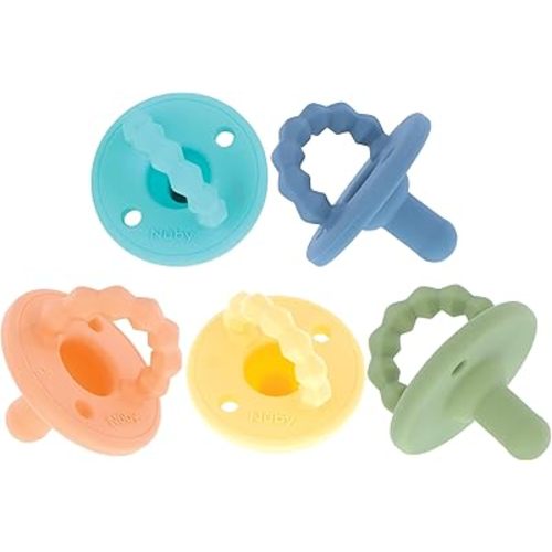 Nuby Silicone Softees Pacifier and Teethers - (5-Pack) Silicone Baby Pacifiers and Teethers - 0+ Months - Assorted Colors