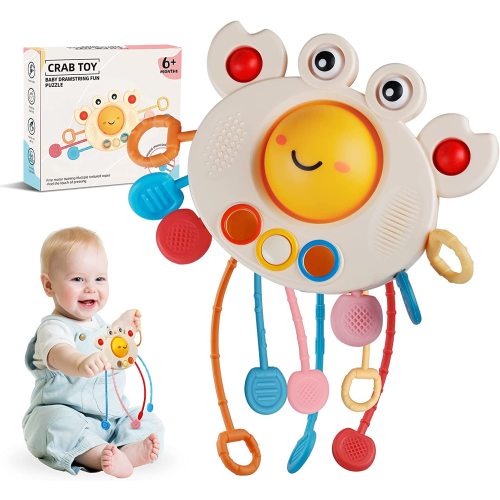 Iflove Montessori Toys for 6M+ Crab Sensory Toys for Toddlers Silicone Pull String Activity Baby Toy