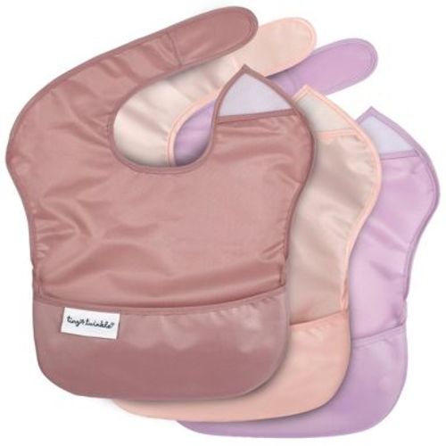 Tiny Twinkle Mess-Proof and Waterproof Baby Food Bib for Boys or Girls, Machine Washable and BPA-Free w/Adjustable Closure (3-Pack, Taupe, Rose)