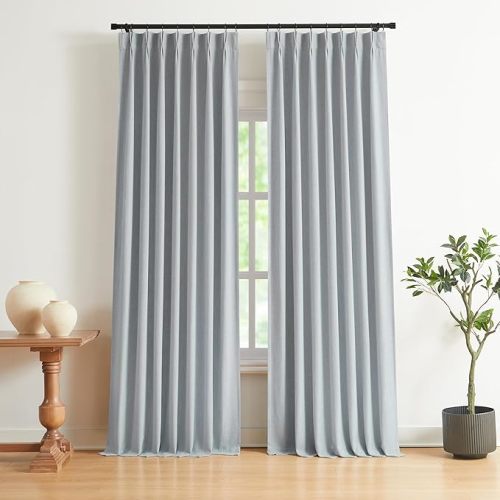 Vision Home Blue Gray Pinch Pleated Full Blackout Curtains Linen Blended Room Darkening Window Curtains 102 inch for Living Room Bedroom Thermal Insulated Pinch Pleat Drapes with Hooks 40" Wx102 Lx2