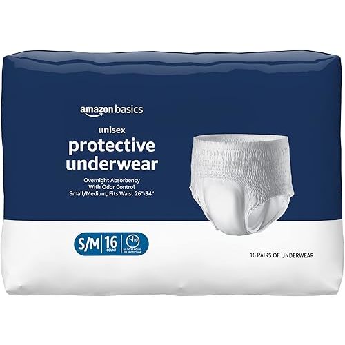 Amazon Basics Unisex Protective Underwear, Overnight Absorbency, Small/Medium, 16 Count, (1 Pack of 16)
