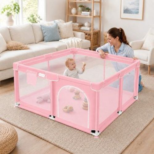 Kmaier Baby Playpen,Large Indoor and Outdoor Play Yards,360° Visibility,For Toddler-(Pink)