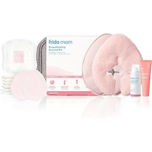 Frida Mom Breastfeeding Survival Kit for Nursing Moms, Reusable Hot+Cold Breast Relief Packs, Hydrogel Nipple Pads, Cracked Nipple Saline Spray, Nipple Balm, Nursing Pads, 13 Piece Gift Set