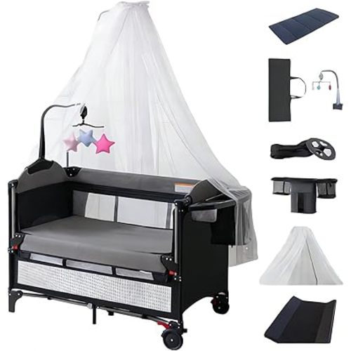 Pack and Play Baby Bedside Crib, Foldable and Portable Baby Travel Crib for Toddlers and Babies, Large Space Playard with Wheels (6602 Grey with Luxurious Mosquito Net)